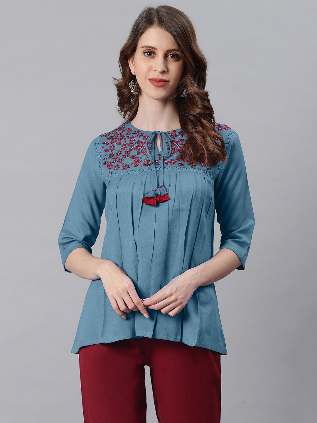 Janasya Women's Blue Cotton Flex Embroidered Gathered Top | Swadesiicart