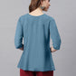 Janasya Women's Blue Cotton Flex Embroidered Gathered Top | Swadesiicart