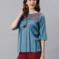 Janasya Women's Blue Cotton Flex Embroidered Gathered Top | Swadesiicart