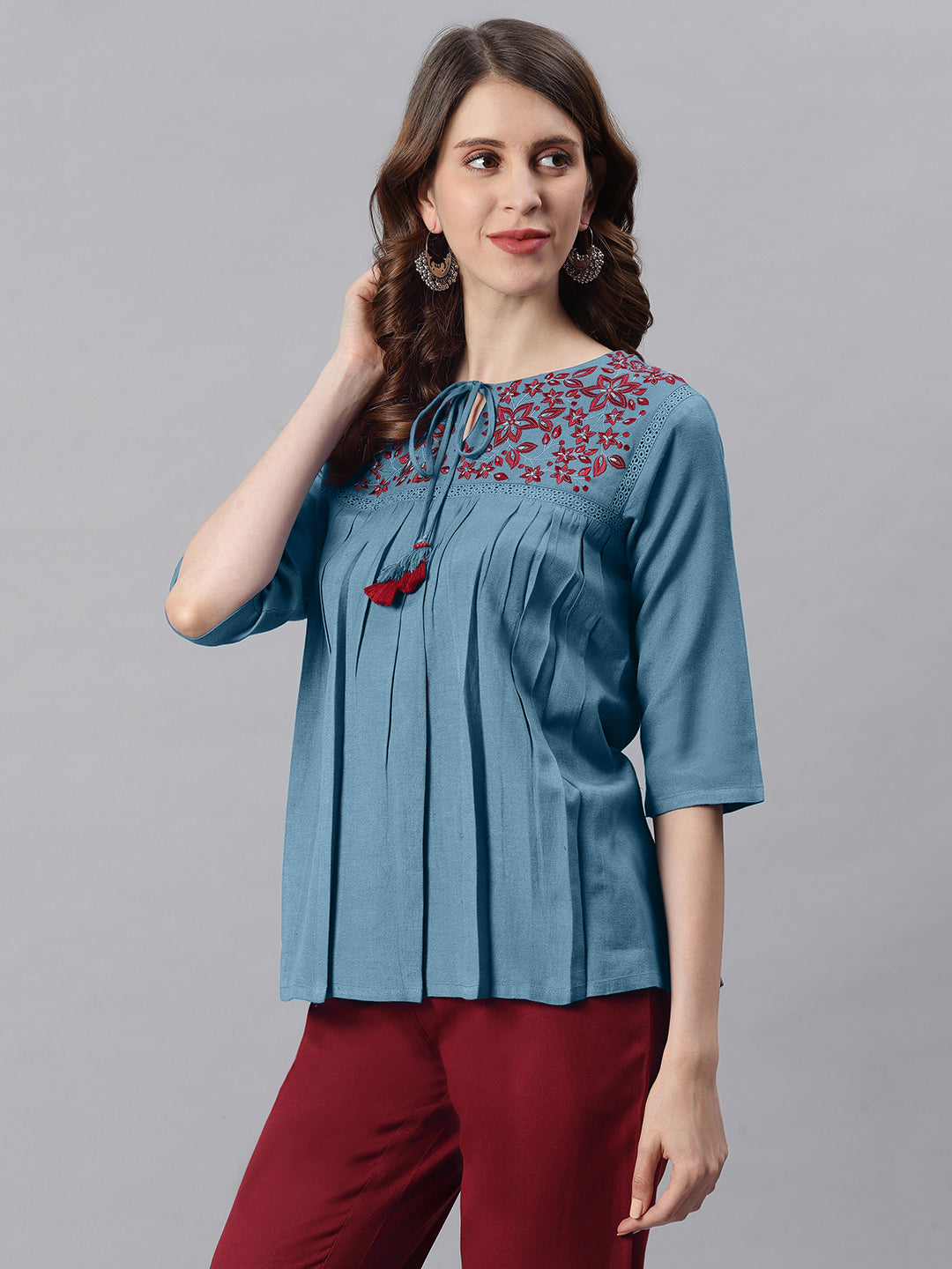 Janasya Women's Blue Cotton Flex Embroidered Gathered Top | Swadesiicart