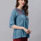 Janasya Women's Blue Cotton Flex Embroidered Gathered Top | Swadesiicart