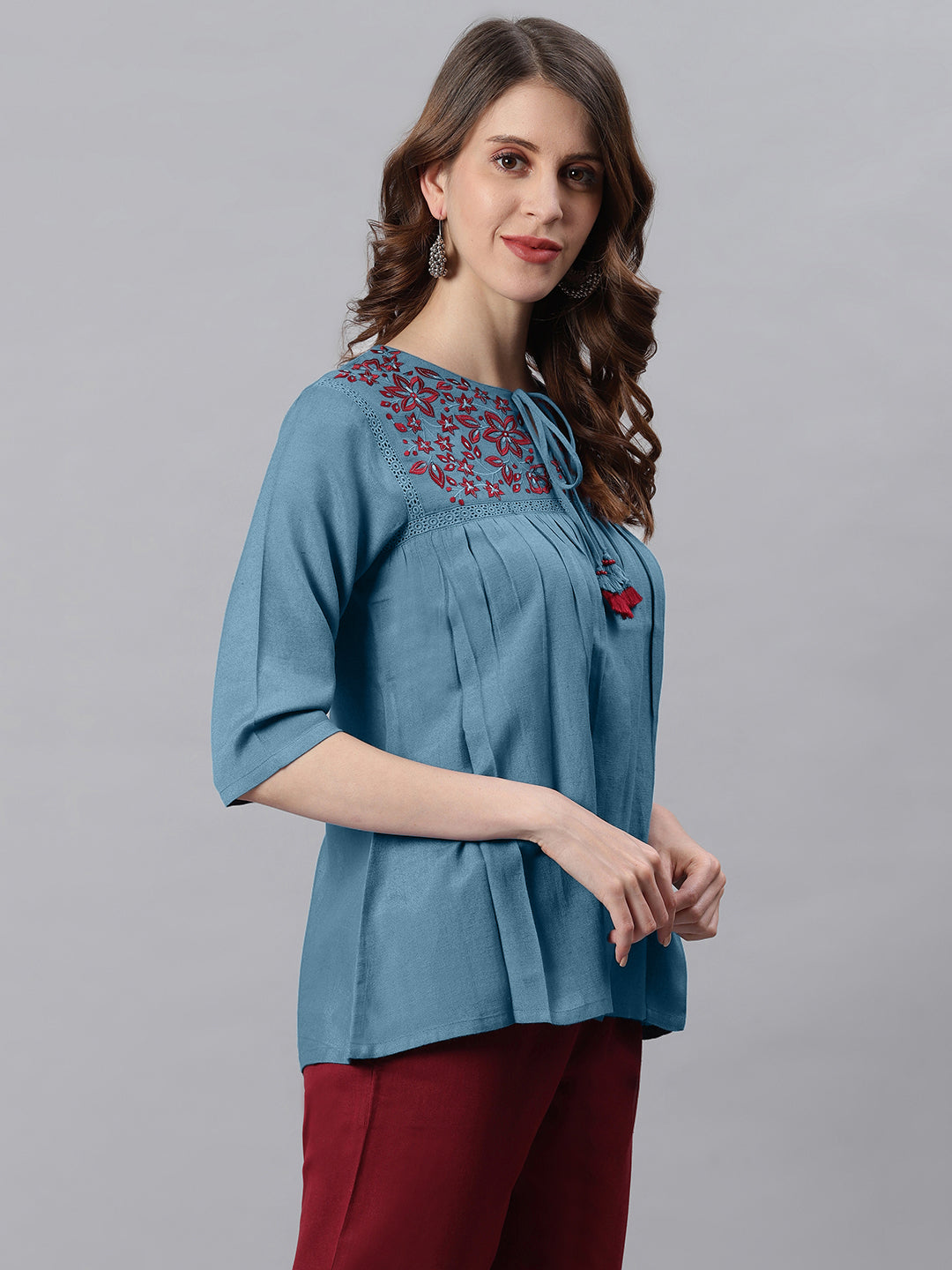 Janasya Women's Blue Cotton Flex Embroidered Gathered Top | Swadesiicart