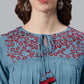 Janasya Women's Blue Cotton Flex Embroidered Gathered Top | Swadesiicart