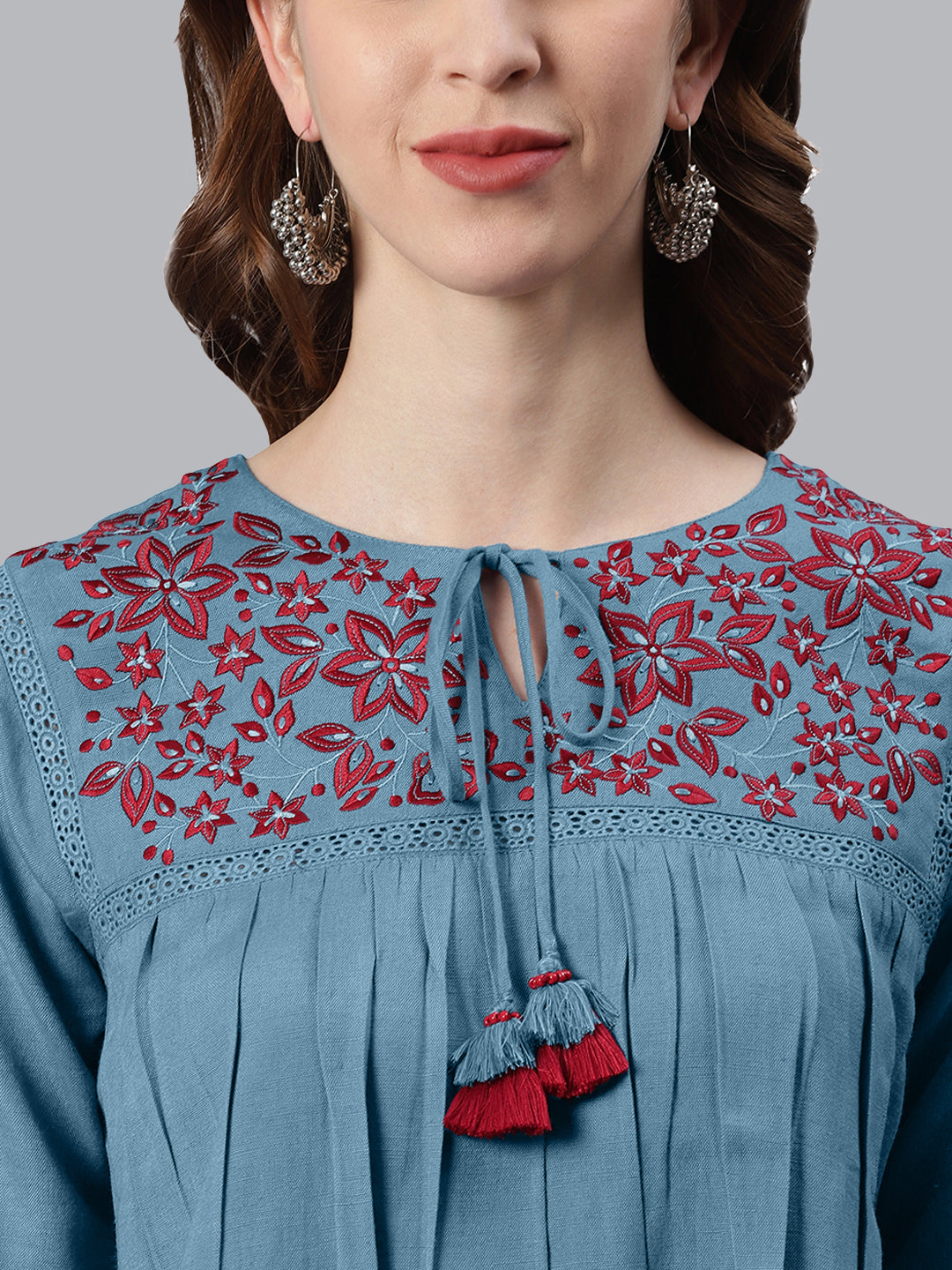 Janasya Women's Blue Cotton Flex Embroidered Gathered Top | Swadesiicart