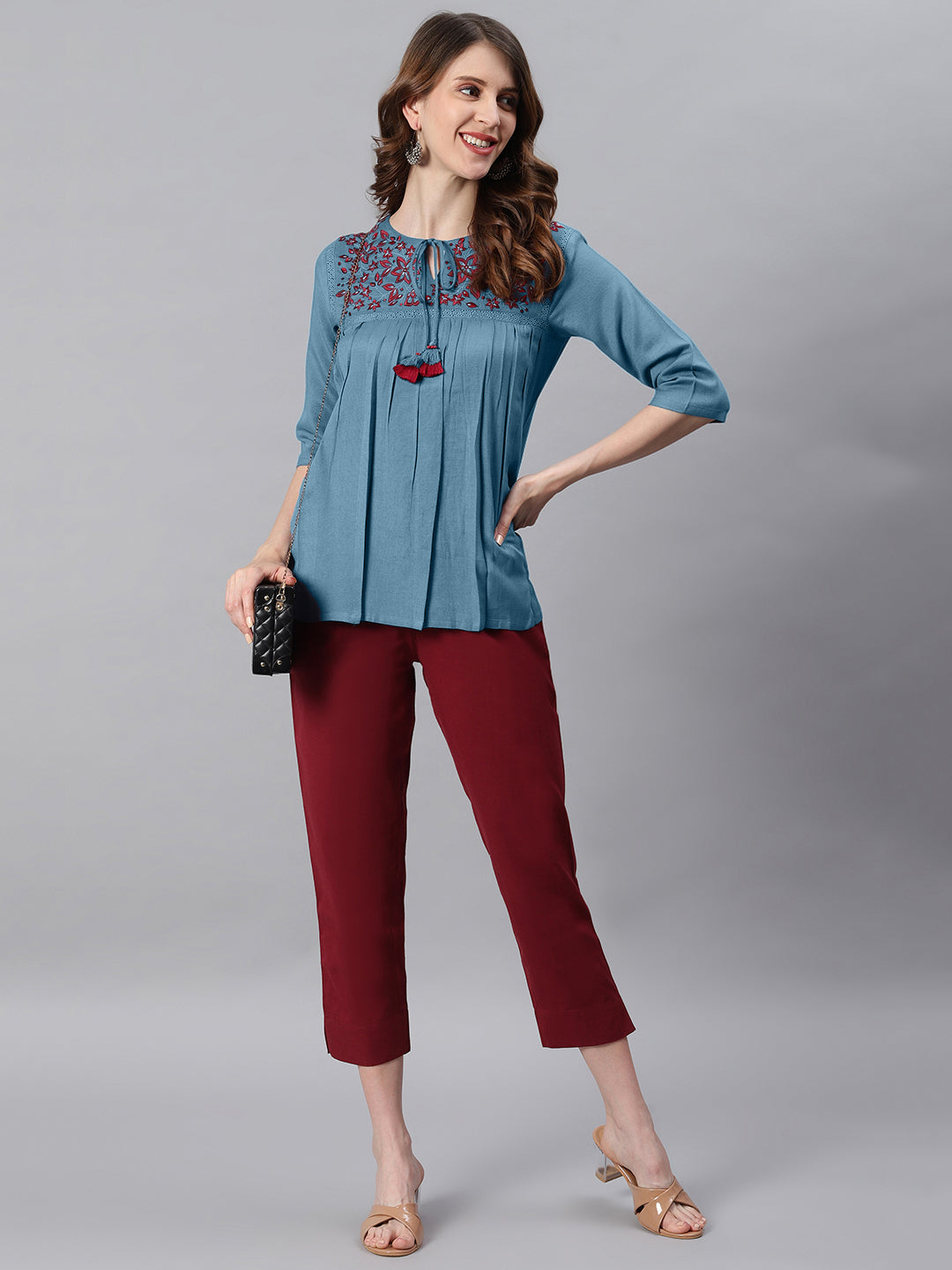 Janasya Women's Blue Cotton Flex Embroidered Gathered Top | Swadesiicart