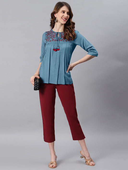 Janasya Women's Blue Cotton Flex Embroidered Gathered Top | Swadesiicart