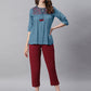 Janasya Women's Blue Cotton Flex Embroidered Gathered Top | Swadesiicart