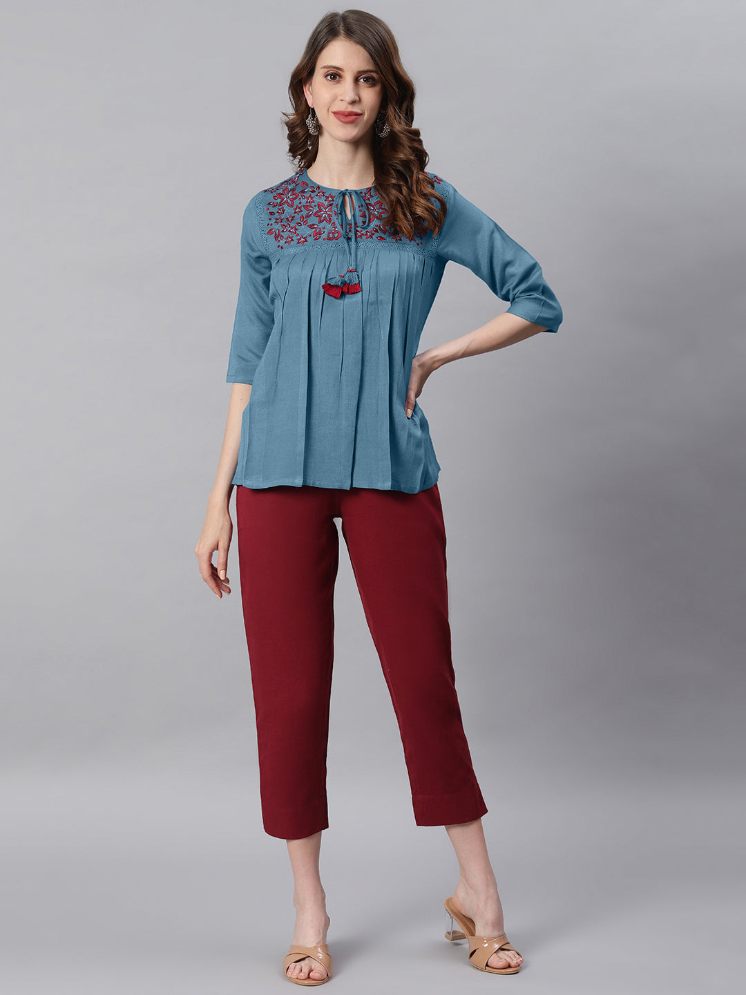 Janasya Women's Blue Cotton Flex Embroidered Gathered Top | Swadesiicart