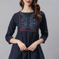 Janasya Women's Navy Blue Cotton Flex Embroidered Gathered Top | Swadesiicart
