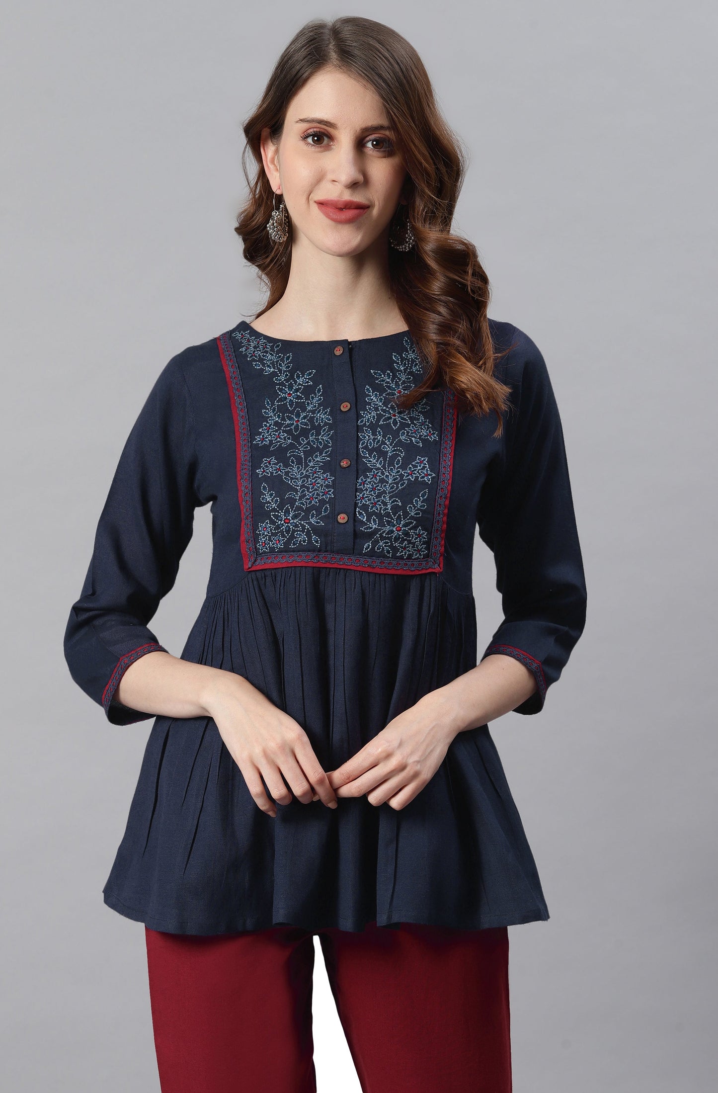 Janasya Women's Navy Blue Cotton Flex Embroidered Gathered Top | Swadesiicart