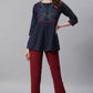 Janasya Women's Navy Blue Cotton Flex Embroidered Gathered Top | Swadesiicart