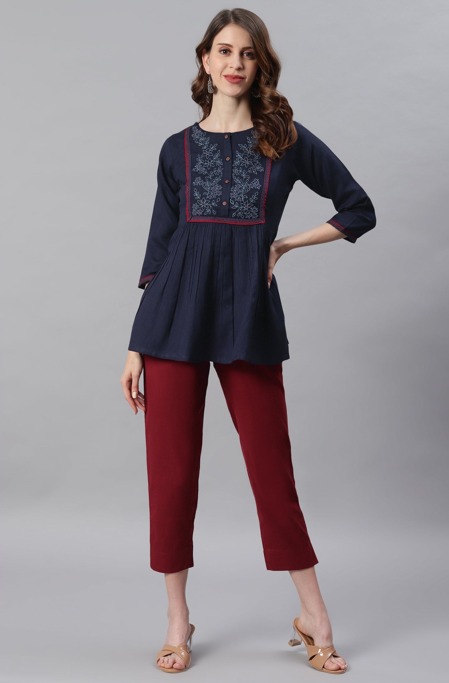 Janasya Women's Navy Blue Cotton Flex Embroidered Gathered Top | Swadesiicart