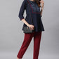 Janasya Women's Navy Blue Cotton Flex Embroidered Gathered Top | Swadesiicart