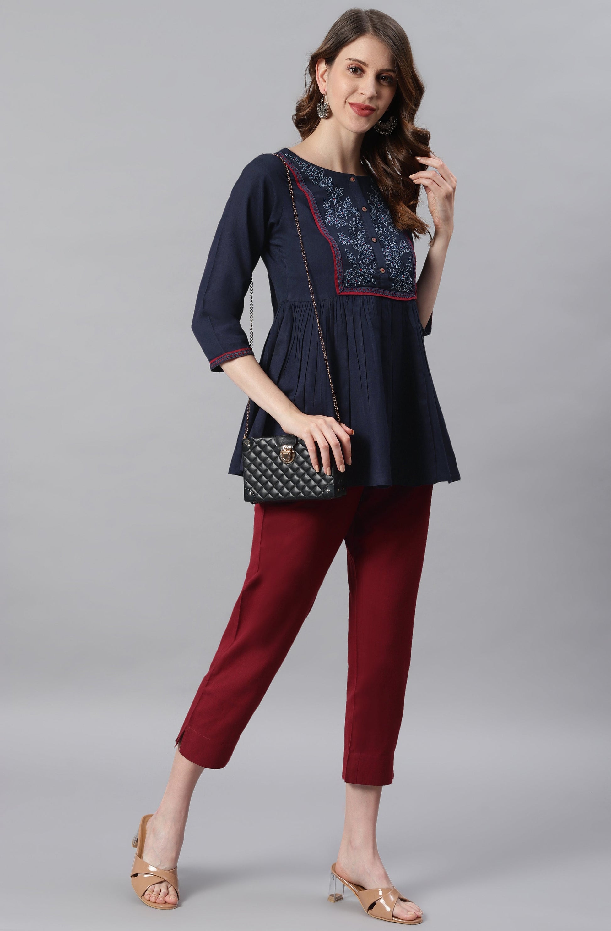 Janasya Women's Navy Blue Cotton Flex Embroidered Gathered Top | Swadesiicart