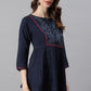 Janasya Women's Navy Blue Cotton Flex Embroidered Gathered Top | Swadesiicart