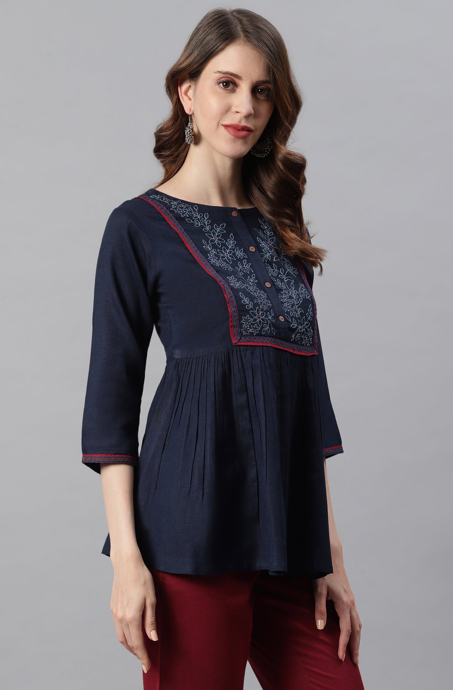 Janasya Women's Navy Blue Cotton Flex Embroidered Gathered Top | Swadesiicart