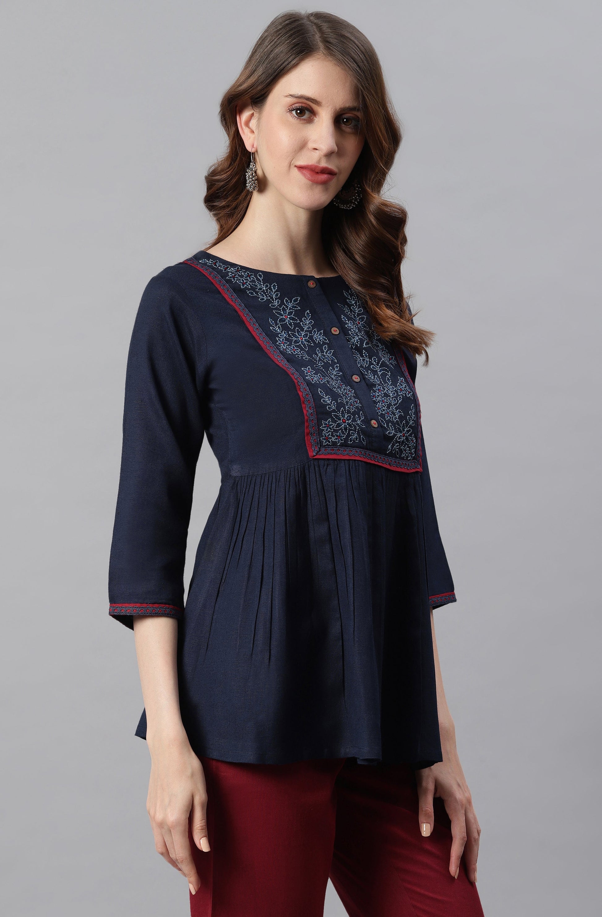 Janasya Women's Navy Blue Cotton Flex Embroidered Gathered Top | Swadesiicart