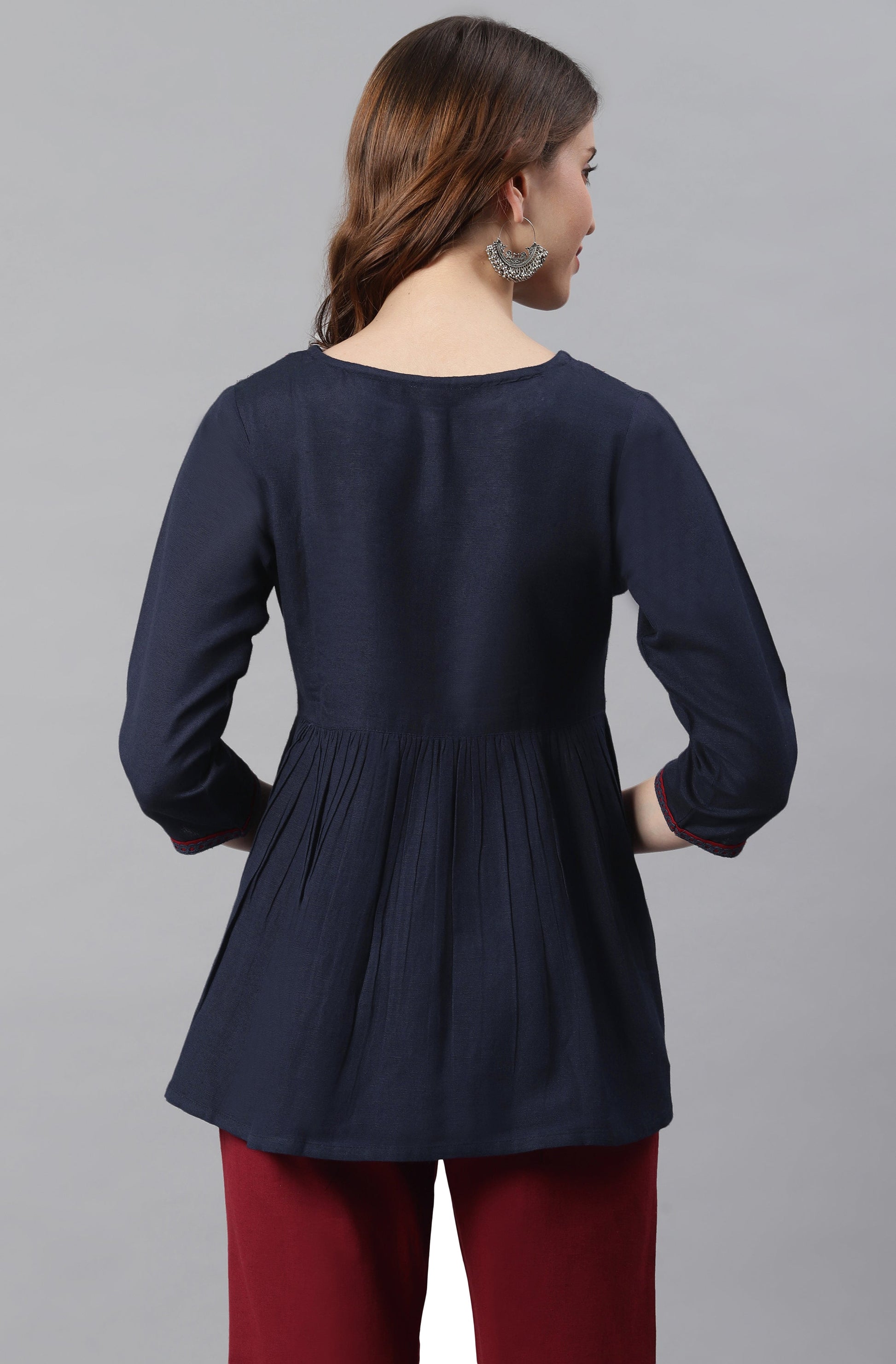 Janasya Women's Navy Blue Cotton Flex Embroidered Gathered Top | Swadesiicart