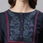Janasya Women's Navy Blue Cotton Flex Embroidered Gathered Top | Swadesiicart