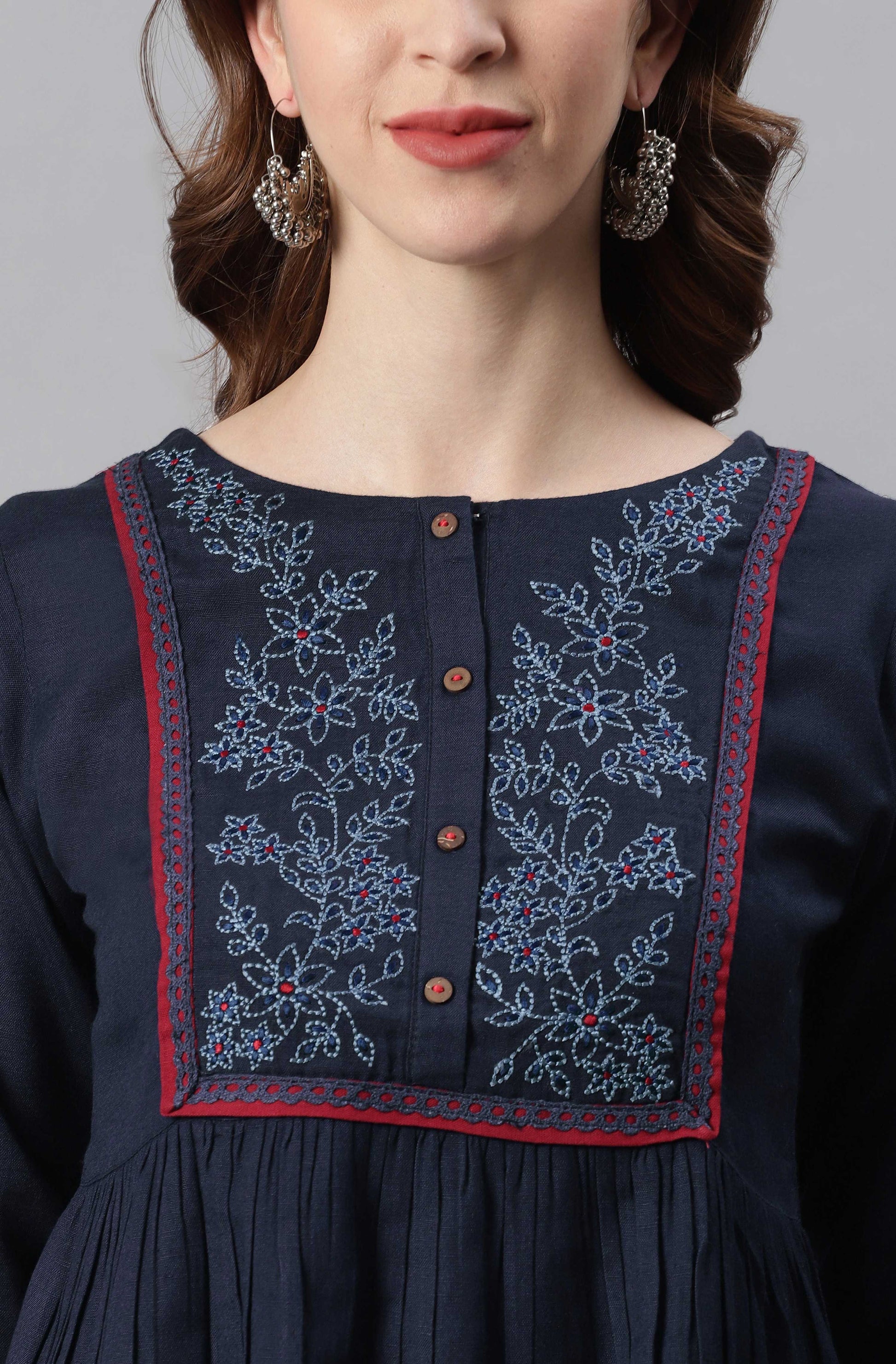Janasya Women's Navy Blue Cotton Flex Embroidered Gathered Top | Swadesiicart