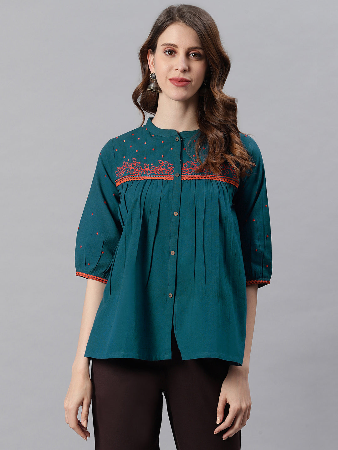 Janasya Women's Teal Cotton Flex Embroidered Regular Top | Swadesiicart
