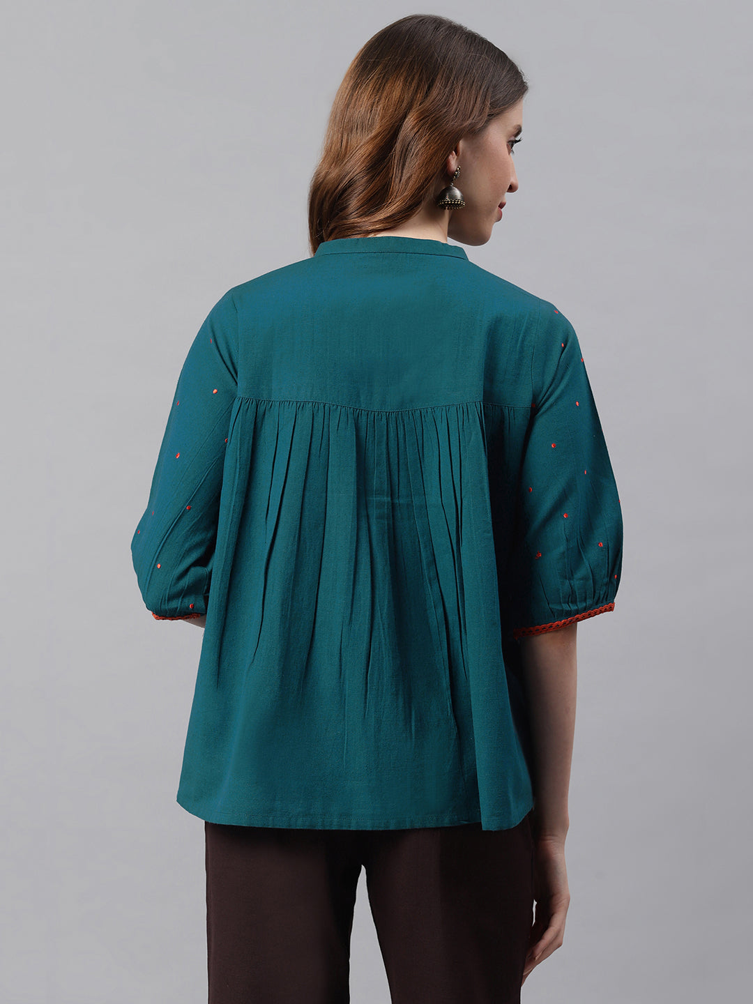 Janasya Women's Teal Cotton Flex Embroidered Regular Top | Swadesiicart