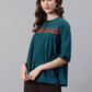 Janasya Women's Teal Cotton Flex Embroidered Regular Top | Swadesiicart