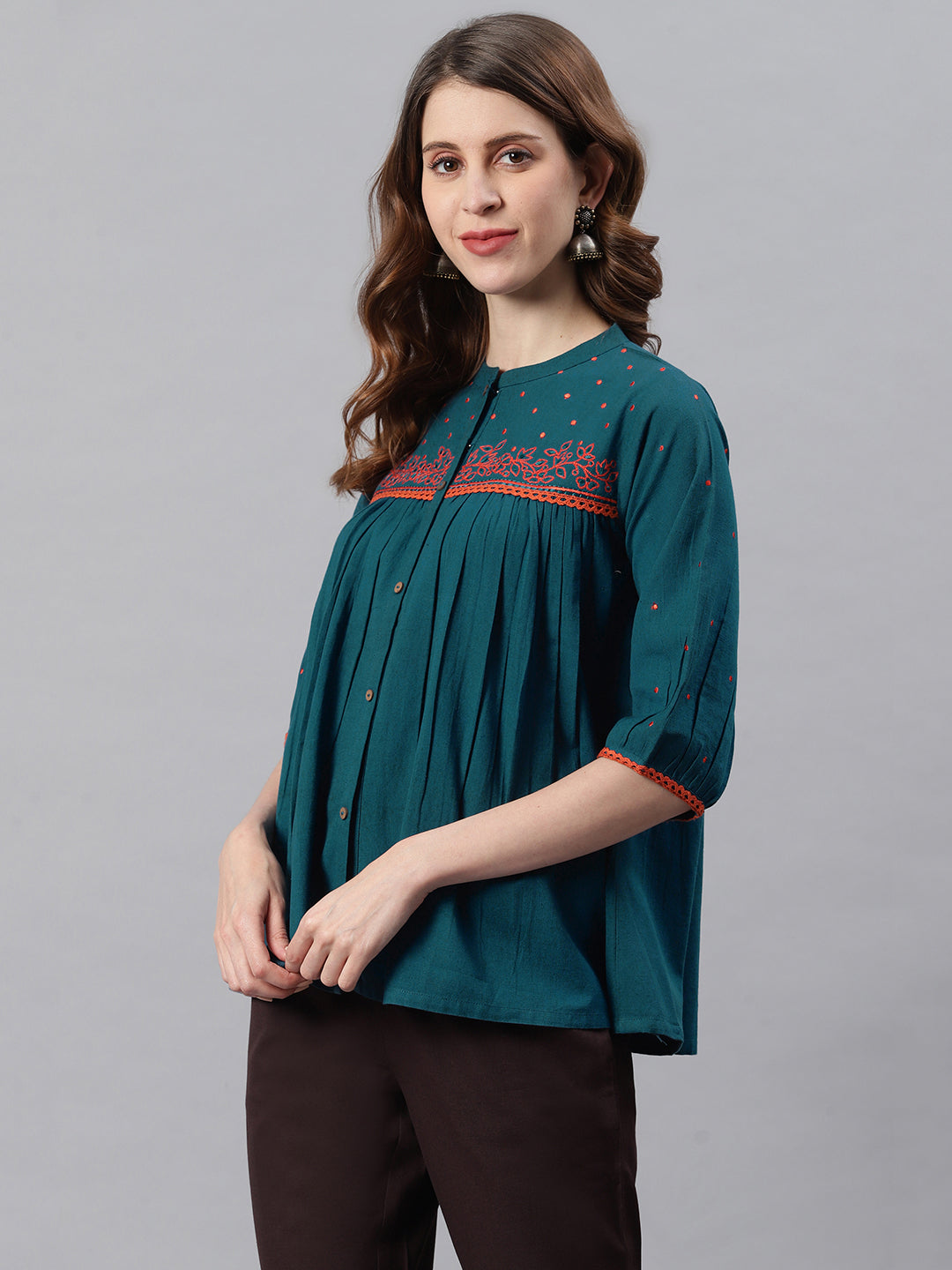 Janasya Women's Teal Cotton Flex Embroidered Regular Top | Swadesiicart