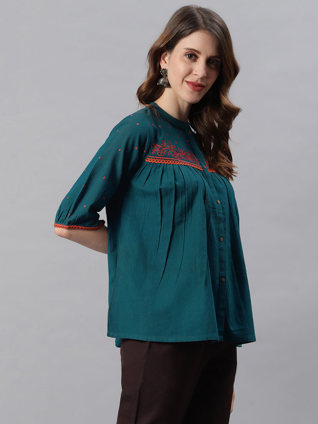 Janasya Women's Teal Cotton Flex Embroidered Regular Top | Swadesiicart