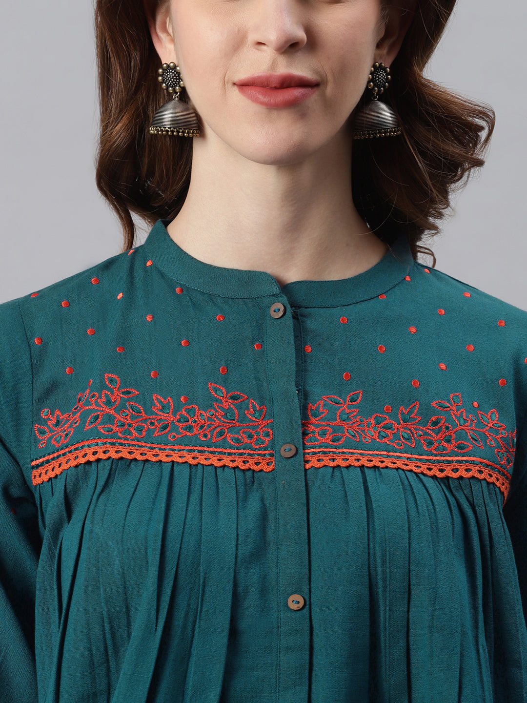 Janasya Women's Teal Cotton Flex Embroidered Regular Top | Swadesiicart