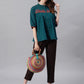 Janasya Women's Teal Cotton Flex Embroidered Regular Top | Swadesiicart