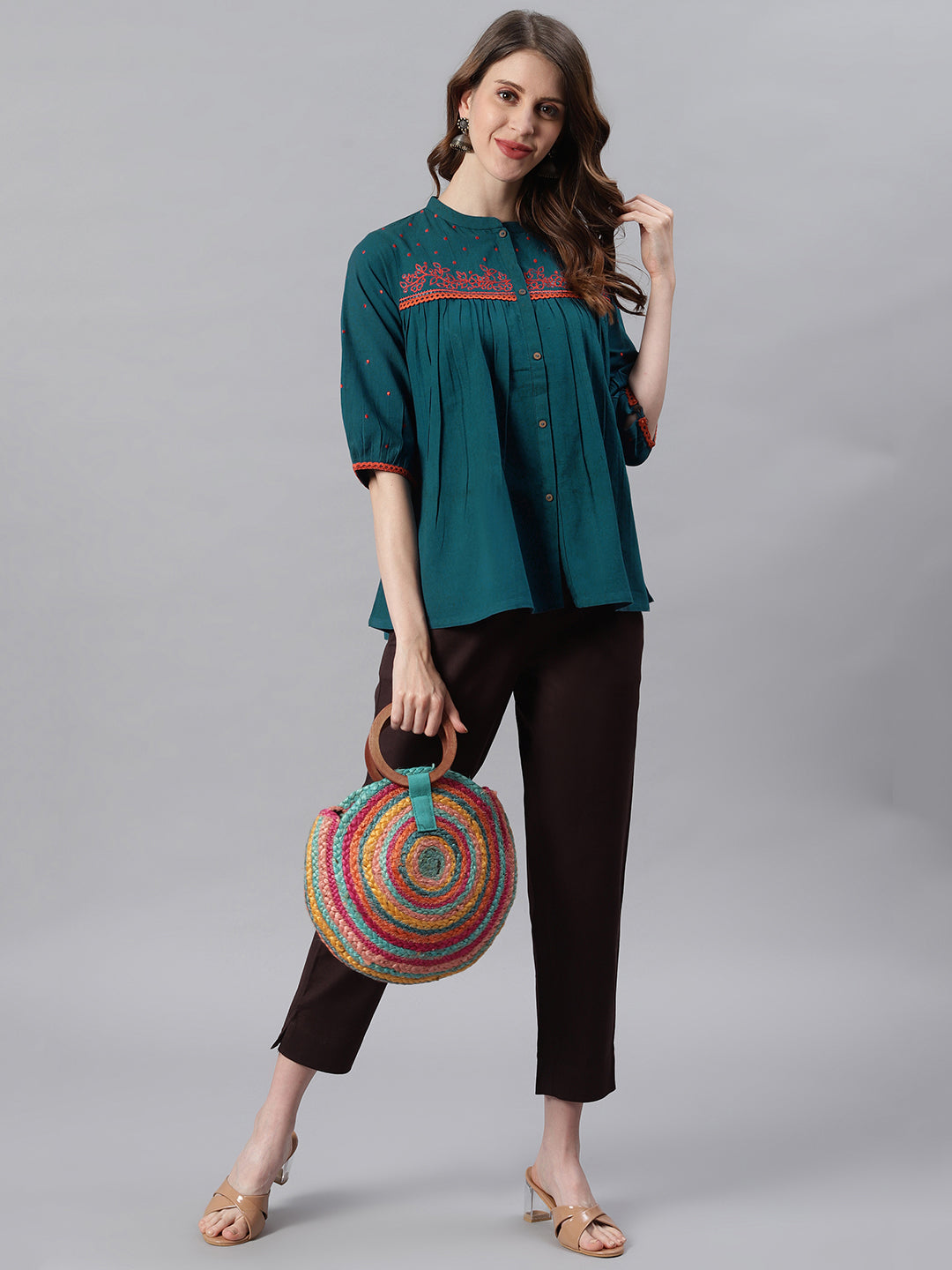 Janasya Women's Teal Cotton Flex Embroidered Regular Top | Swadesiicart
