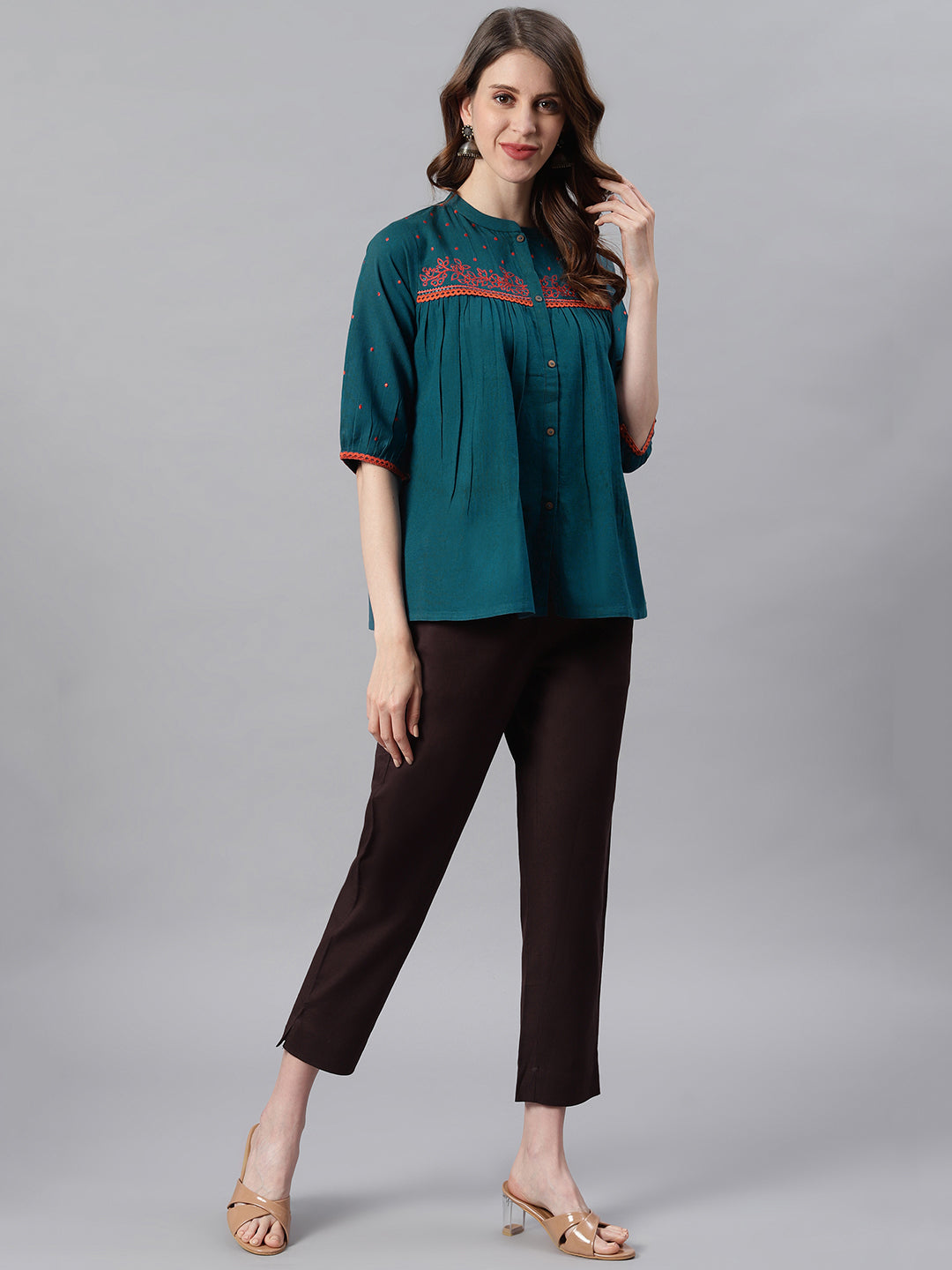 Janasya Women's Teal Cotton Flex Embroidered Regular Top | Swadesiicart