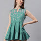 Janasya Women's Green Cotton Flex Embroidered Gathered Top | Swadesiicart