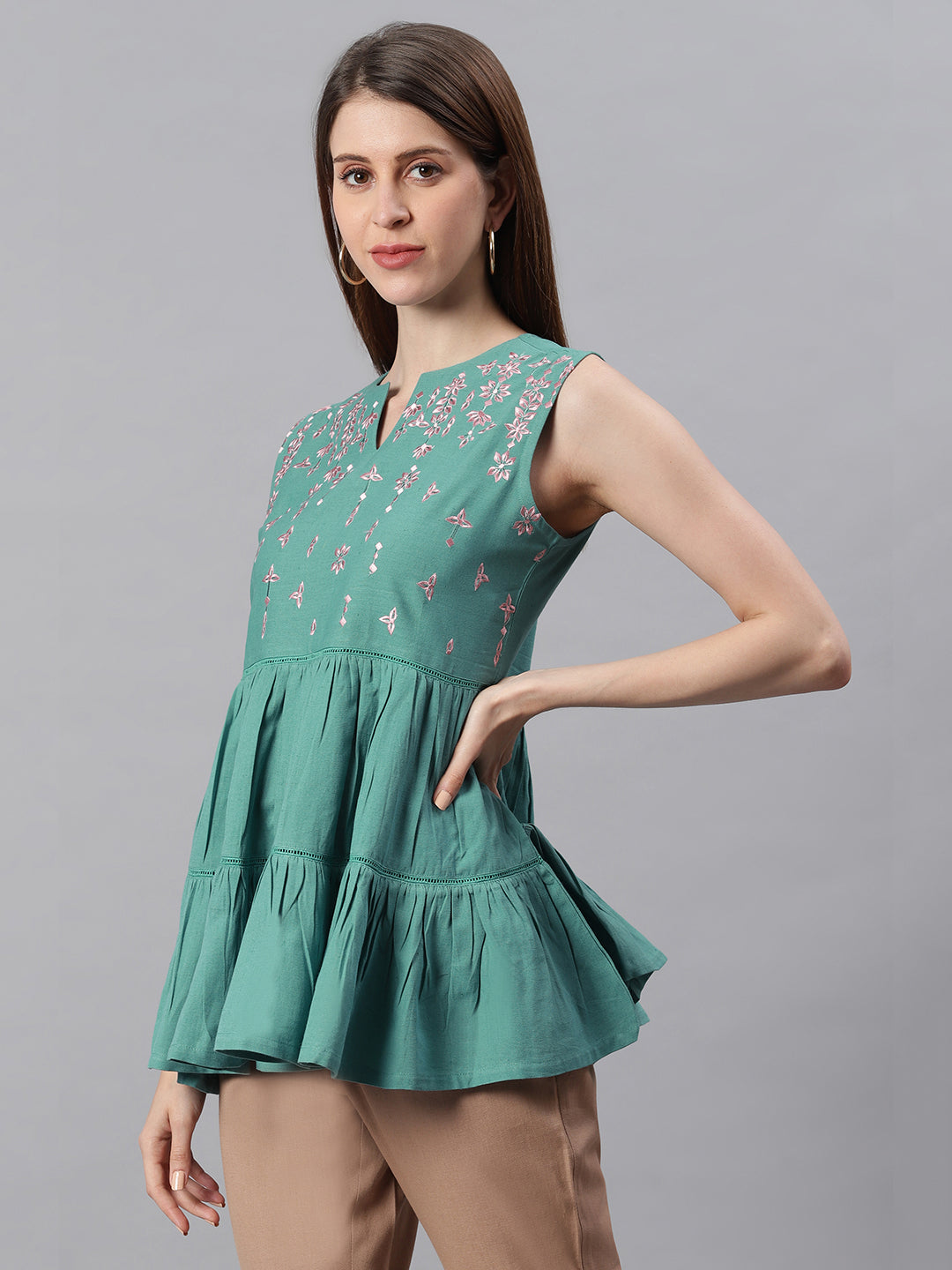 Janasya Women's Green Cotton Flex Embroidered Gathered Top | Swadesiicart