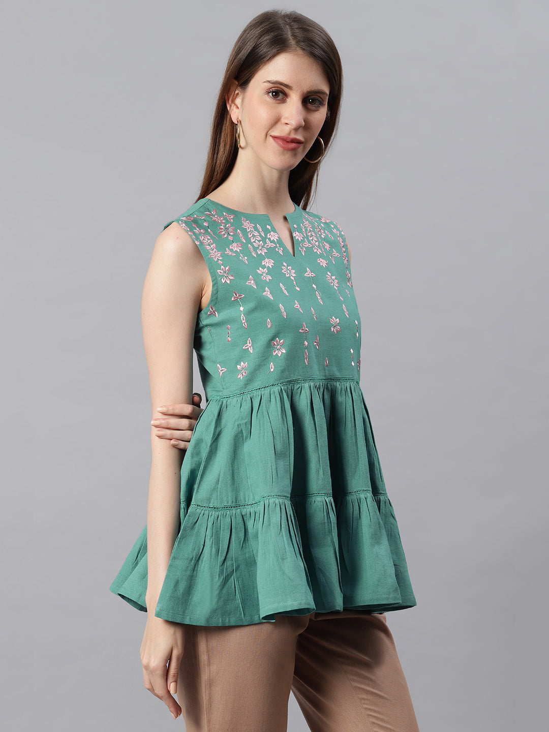 Janasya Women's Green Cotton Flex Embroidered Gathered Top | Swadesiicart
