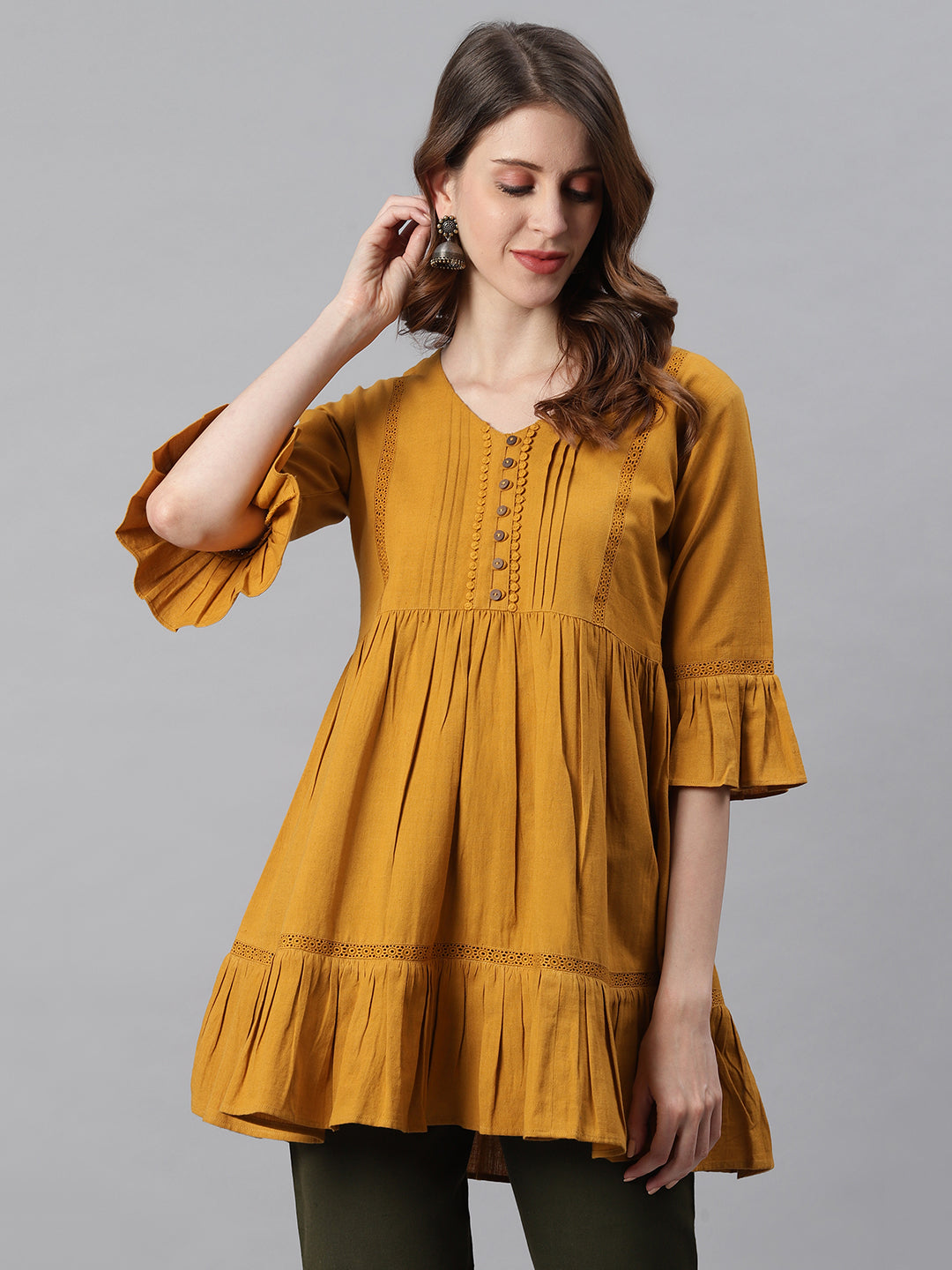 Janasya Women's Mustard Cotton Flex Embellished Gathered Tunic | Swadesiicart