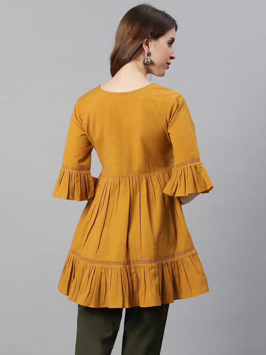 Janasya Women's Mustard Cotton Flex Embellished Gathered Tunic | Swadesiicart