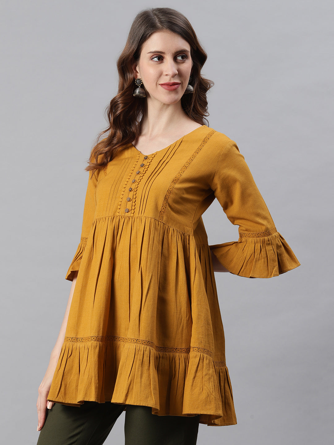 Janasya Women's Mustard Cotton Flex Embellished Gathered Tunic | Swadesiicart