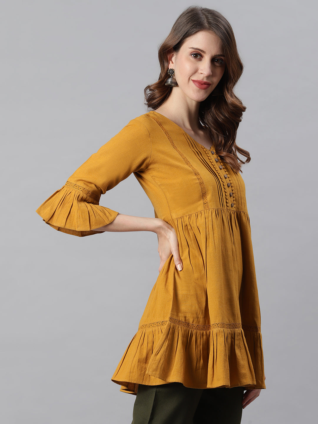 Janasya Women's Mustard Cotton Flex Embellished Gathered Tunic | Swadesiicart