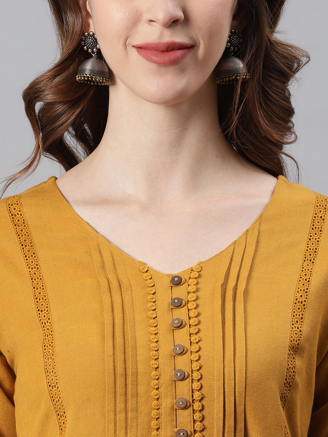 Janasya Women's Mustard Cotton Flex Embellished Gathered Tunic | Swadesiicart