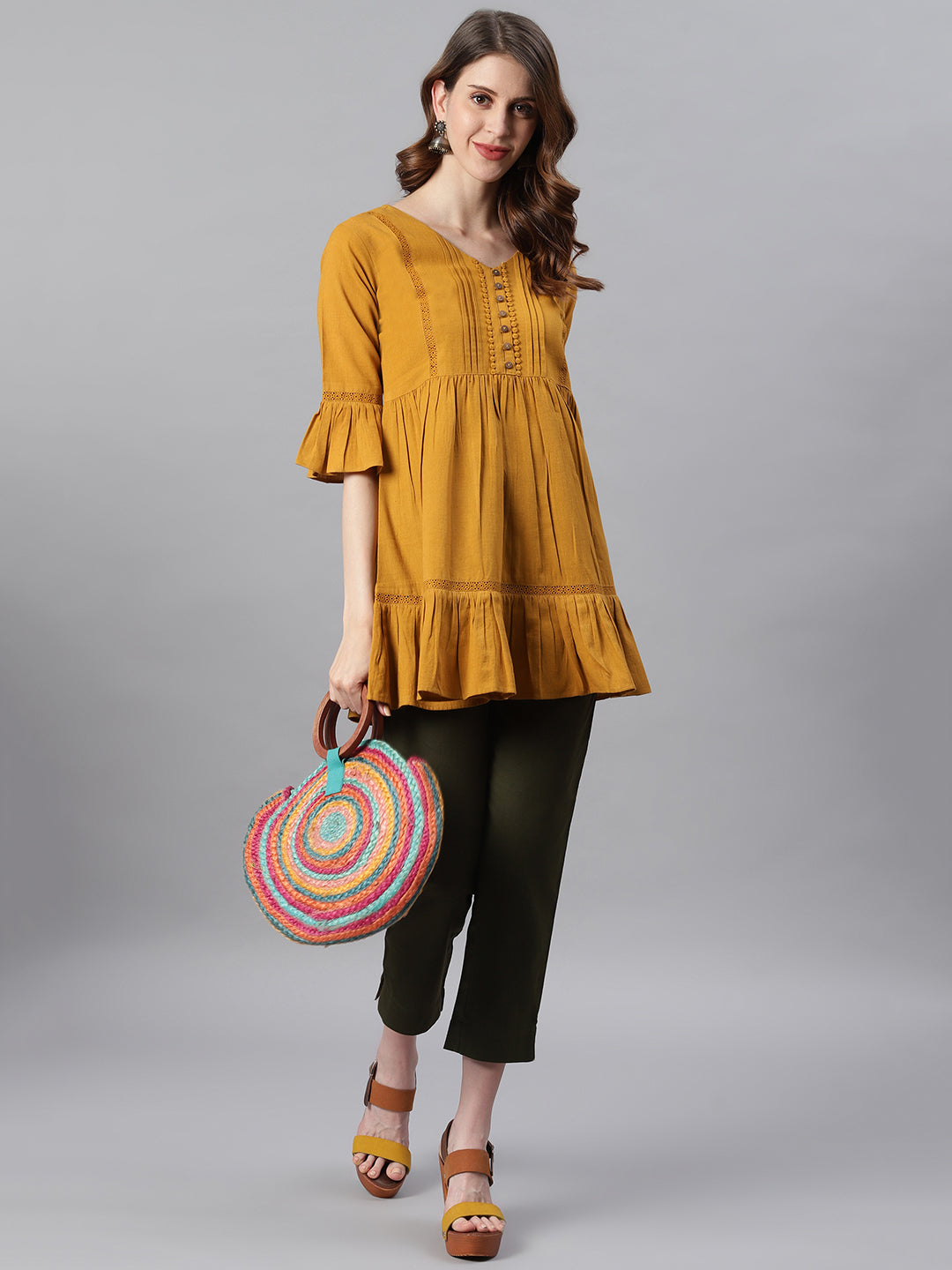 Janasya Women's Mustard Cotton Flex Embellished Gathered Tunic | Swadesiicart