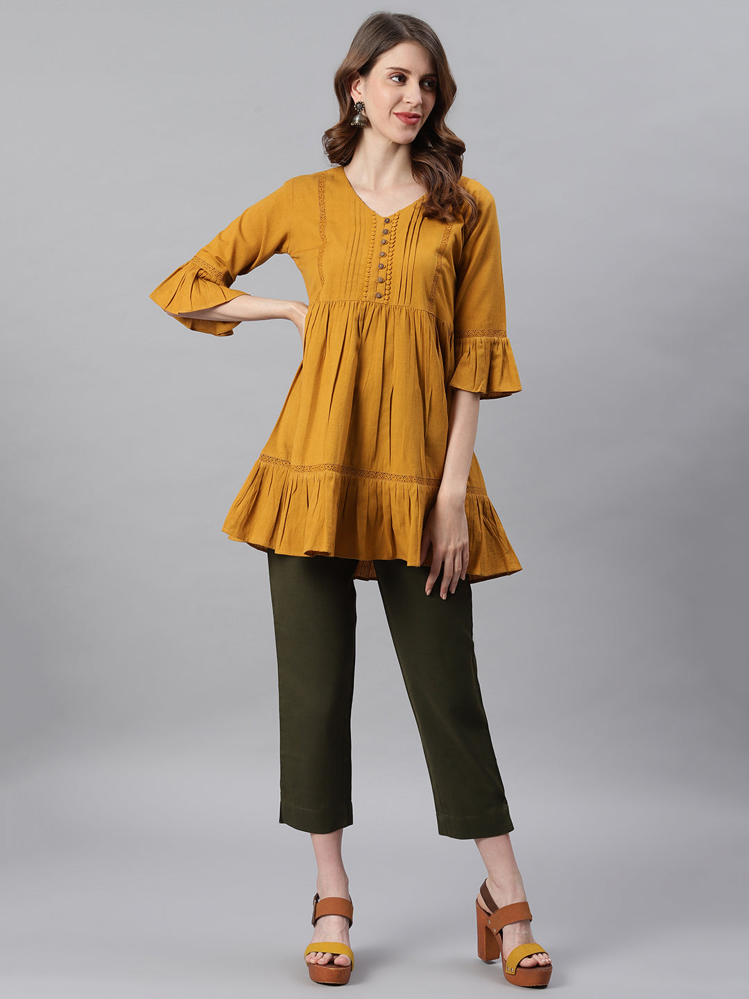Janasya Women's Mustard Cotton Flex Embellished Gathered Tunic | Swadesiicart