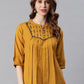 Janasya Women's Mustard Cotton Flex Embroidered A-Line Top | Swadesiicart