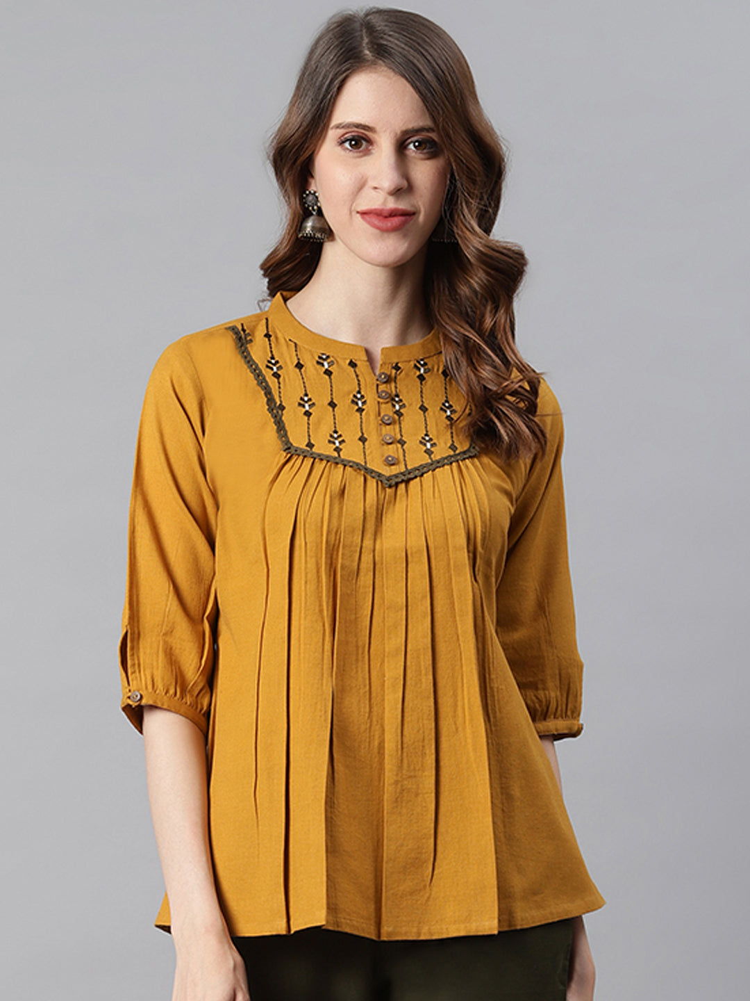 Janasya Women's Mustard Cotton Flex Embroidered A-Line Top | Swadesiicart