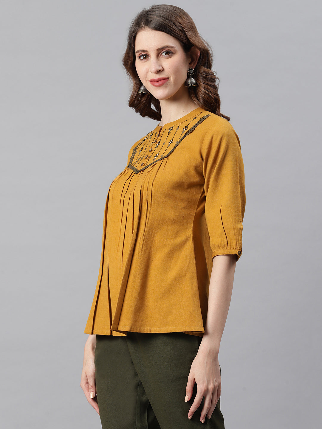 Janasya Women's Mustard Cotton Flex Embroidered A-Line Top | Swadesiicart