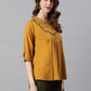 Janasya Women's Mustard Cotton Flex Embroidered A-Line Top | Swadesiicart