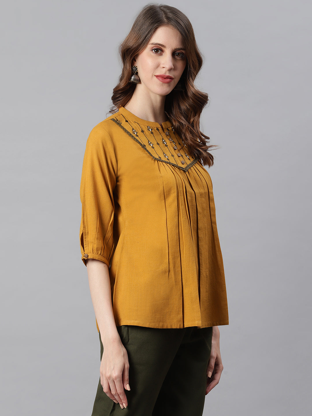 Janasya Women's Mustard Cotton Flex Embroidered A-Line Top | Swadesiicart
