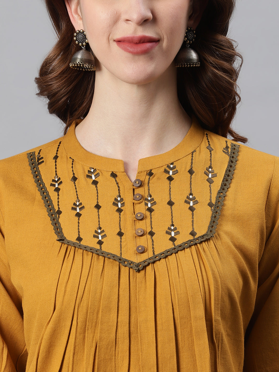 Janasya Women's Mustard Cotton Flex Embroidered A-Line Top | Swadesiicart
