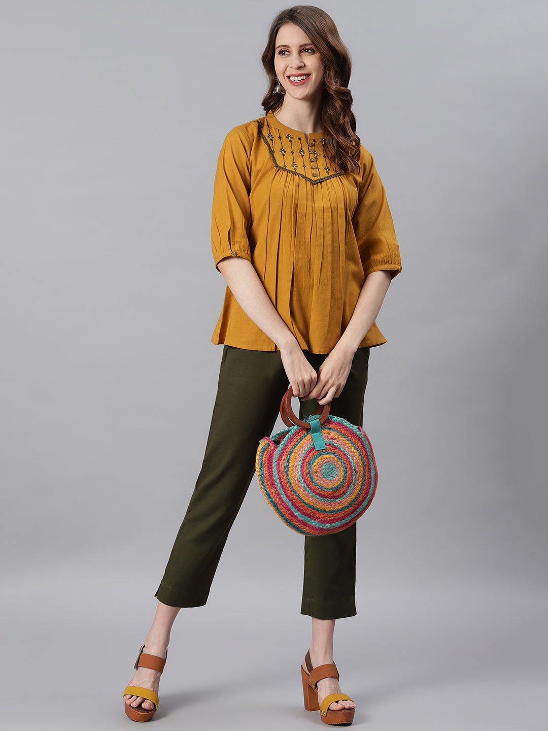 Janasya Women's Mustard Cotton Flex Embroidered A-Line Top | Swadesiicart